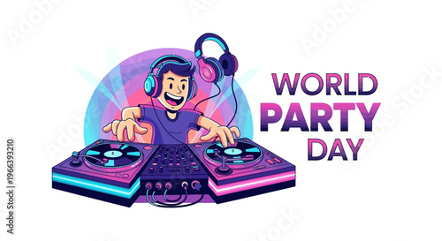 A cheerful cartoon DJ wearing headphones and operating turntables on World Party Day with a colorful and festive celebration concept.