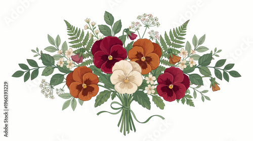 Hand drawn elegant bouquet of colorful pansy flowers with green fern leaves and wild blooms on white background, ideal for wedding invitation design, greeting card backdrop and floral decor