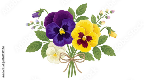 Beautiful bouquet of blooming purple and yellow pansies tied with a rustic twine bow on white background, ideal for floral greeting cards, wedding invitations and botanical poster design