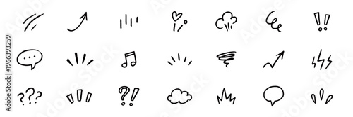 Line element movement hand drawn set. Hand drawn sketch line element icon brush pencil stroke movement chalk. Cute comic cartoon emoji bubble heart star sparkle expression manga. Vector illustration