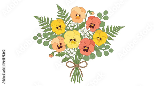 hand drawn illustration of colorful pansy bouquet with green fern leaves and baby breath flowers tied with rope on white background, ideal for greeting card, wedding invitation and gift tag