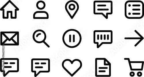 Minimalist black and white line art icon set with home, user, location, chat, mail, search, media, and shopping symbols modern vector