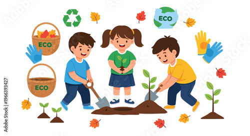 Vibrant vector illustration of three children planting trees and gardening, surrounded by eco-friendly symbols, autumn leaves, and gardening tools.