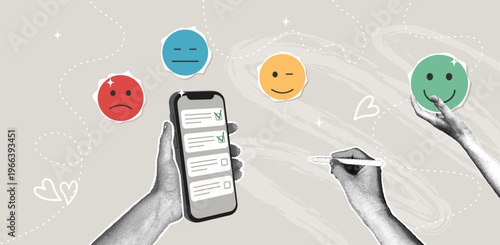 Customer satisfaction concept. Trendy halftone collage. Woman holding a smartphone with a feedback survey form and selecting an emoji rating. Digital experience assessment for business service quality