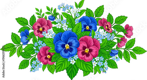 Beautiful bouquet of blue and magenta pansies with small forgetmenot flowers and green leaves, ideal for wedding invitations, floral greeting cards and botanical art presentations
