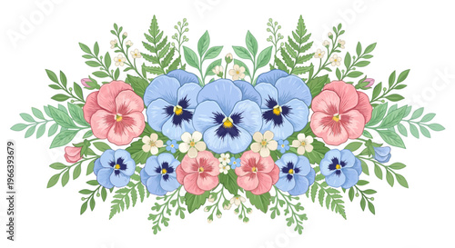 Beautiful hand drawn floral bouquet featuring blue and pink pansy flowers with green fern leaves and white blossoms on white background, ideal for wedding invitation, greeting card and art