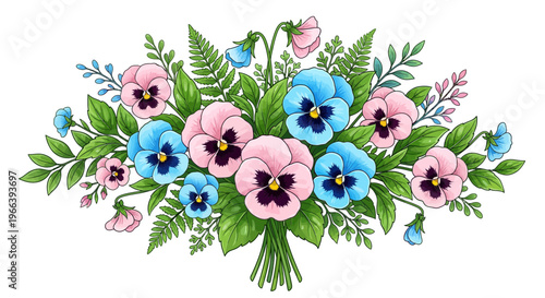 Hand drawn bouquet of pink and blue pansy flowers with green leaves and ferns isolated on white background, ideal for wedding invitations, greeting cards and floral surface pattern design