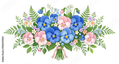 Elegant illustration of pansy flower bouquet with blue and pink blossoms and greenery tied with ribbon on white background, ideal for wedding card, spring greeting and scrapbook background