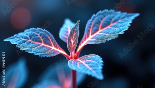 Macro Close up of a Tiny Green Plant Sapling with Glowing Red Veins and Frosty Blue Edges Illuminated by Soft Backlight
