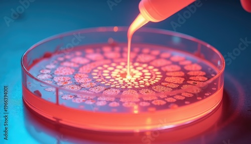 Close-up macro shot of a petri dish with glowing culture medium being dispensed with red and blue lighting