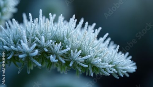 Delicate Frost Covered Evergreen Branch with Water Droplets Glinting in Soft Morning Light Macro Shot