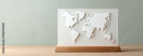 Plaque Engraved Style concept. Minimalistic 3D world map artwork on wooden surface against a plain wall.