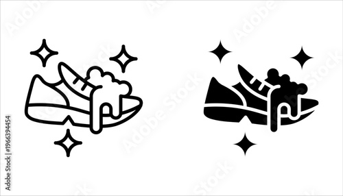 Washing shoes linear icon set. Clean sneakers on white background