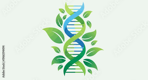DNA Helix with Leaves – Biotechnology Nature Genetics Vector Illustration