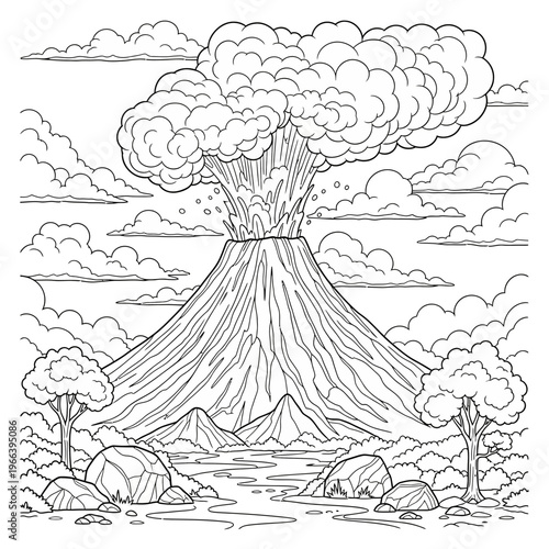 A volcano erupting with smoke and rocks