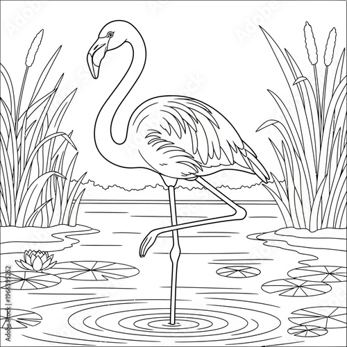 A flamingo standing in shallow water with lily pads