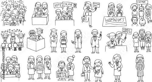 Gender Equality  Empowerment Line Art: Diverse Representation of Women in Education, Politics, Professions  Activism