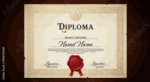 Vintage Diploma Certificate with Red Seal and Wavy Background