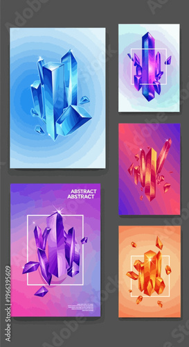 Collection of Abstract Crystal Geode Art Designs with Gradient Backgrounds