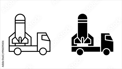 missile launcher truck icon set, features rockets launching system on white background