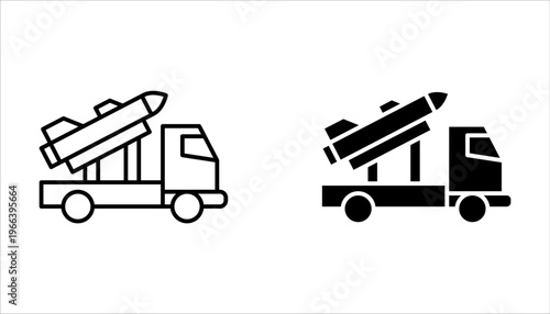 missile launcher truck icon set, features rockets launching system on white background