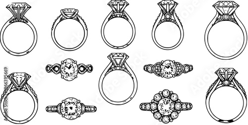 Detailed Line Art Set of Diamond Engagement Rings and Wedding Bands in Various Styles - Jewelry Sketch Collection