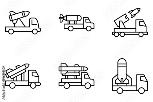 missile launcher truck icon set, features rockets launching system on white background