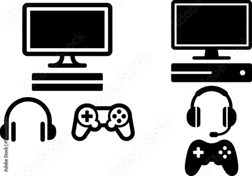 A set of black and white icons representing gaming setups with monitors, controllers and headsets