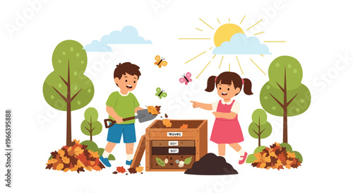 A young boy and girl are happily learning how to compost leaves in a sunny outdoor garden setting with colorful butterflies.