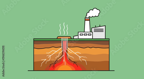 Conceptual illustration of a geothermal energy power plant system showing underground heat extraction and sustainable electricity generation process