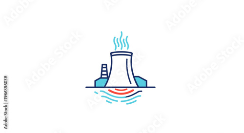 Industrial power plant with cooling tower emitting steam, representing energy generation and manufacturing processes