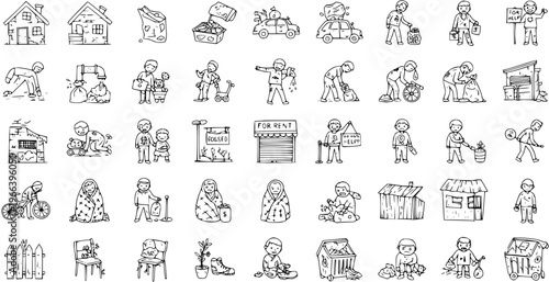 Poverty and Homelessness Doodle Icon Set: Hand-Drawn Illustrations of Social Issues, Hardship, Begging, and Destitution