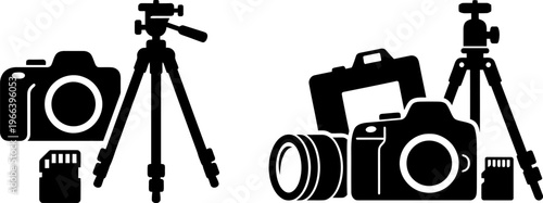 A collection of black camera silhouettes featuring tripods lenses and memory cards for media