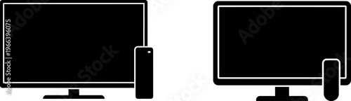 Two flat screen television monitor icons with remote controls displayed in a clean black silhouette