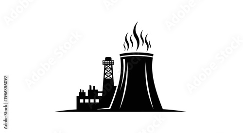 Nuclear power plant with cooling tower and smokestacks, symbolizing energy production and industrial power generation infrastructure