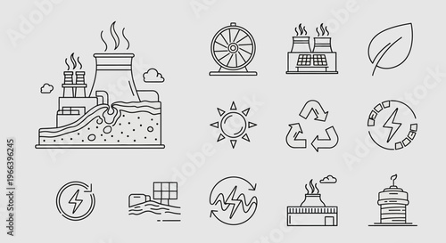 Set of clean line icons illustrating various energy sources, sustainable power generation, and environmental concepts for modern technology applications and industry