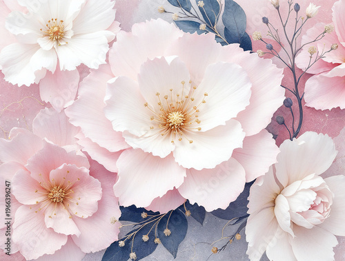 Soft watercolor floral background with elegant pink and white peony-style flowers and delicate blue foliage. A romantic and gentle botanical illustration, perfect for invitations or serene d