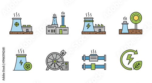 Visual exploration of global energy production and sustainable power generation systems, featuring stylized icons of industrial complexes, nuclear facilities, and eco-friendly alternatives