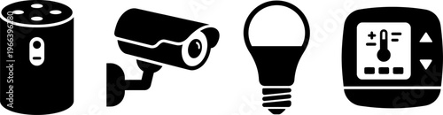 A collection of black icons representing various essential smart home technology device systems.