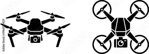 Two distinct black and white silhouette icons representing quadcopter drones with mounted cameras.