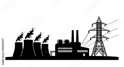 Modern industrial energy plant icon with a smokestack emitting steam and upward heat arrows, symbolizing power generation, emission, and environmental impact