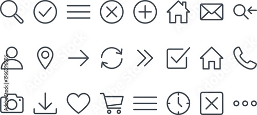 Clean minimal line icon set featuring navigation, communication, and user interface symbols for modern web and mobile application design
