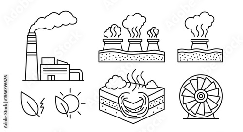 Vector line icons illustrating the concept of global energy generation, industrial emissions impact, and vital sustainable alternatives for environmental protection
