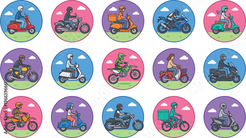 Colorful delivery and transportation icon set featuring riders on scooters, motorcycles, and bicycles for courier and logistics design projects