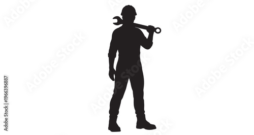 Construction Worker Silhouette vector graphic illustration of a confident construction worker or mechanic standing ready with a large adjustable wrench resting over his shoulder ready for service.