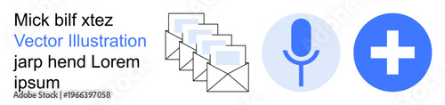 Messaging, healthcare, voice recognition, communication, email exchange, medical support. Envelopes, blue microphone and medical cross icons in a clear graphical layout. Messaging and healthcare