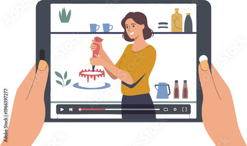 Minimalist vector of a tablet held by hands featuring a cartoon cooking demonstration with cake, kitchen items, and progress bar interface