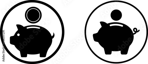 A pair of circular icons featuring a simple piggy bank design with a coin being inserted above