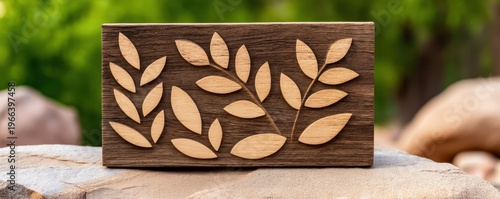 Plaque Engraved Style concept. Wooden stamp with leaf design on a textured surface outdoors.