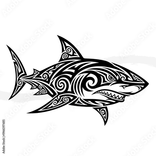 Tribal shark tattoo design with swirling patterns.